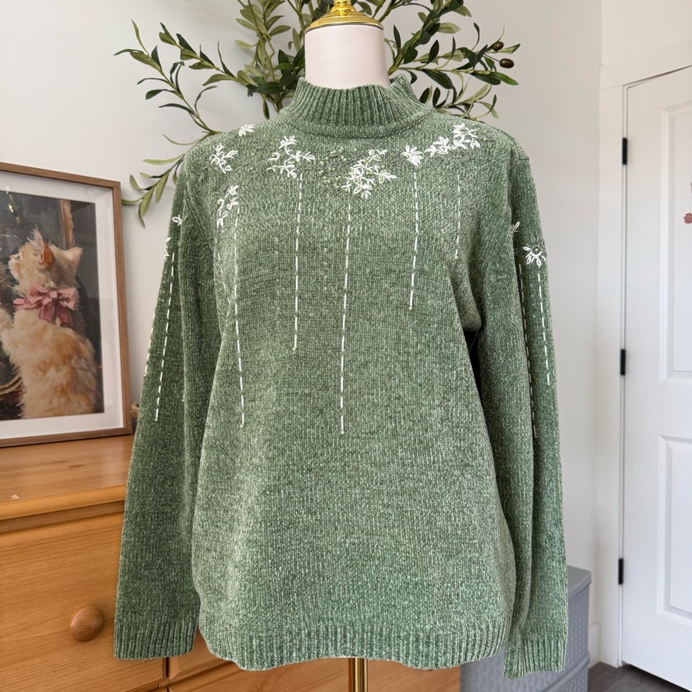 Alfred Dunner Green Turtleneck Sweater with White Detailing